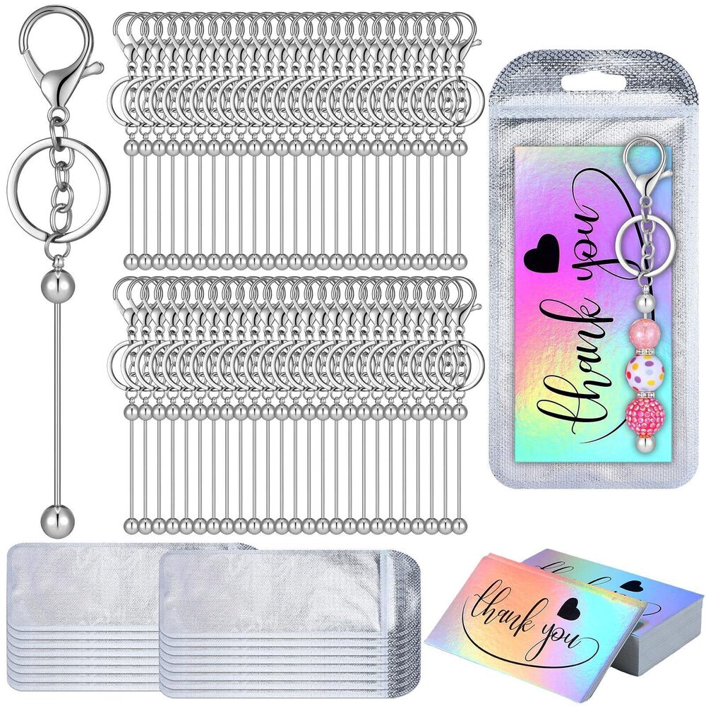 7632 90 Pcs Beadable Keychain Bars Bulk Making Kit Beaded Keychain Bag